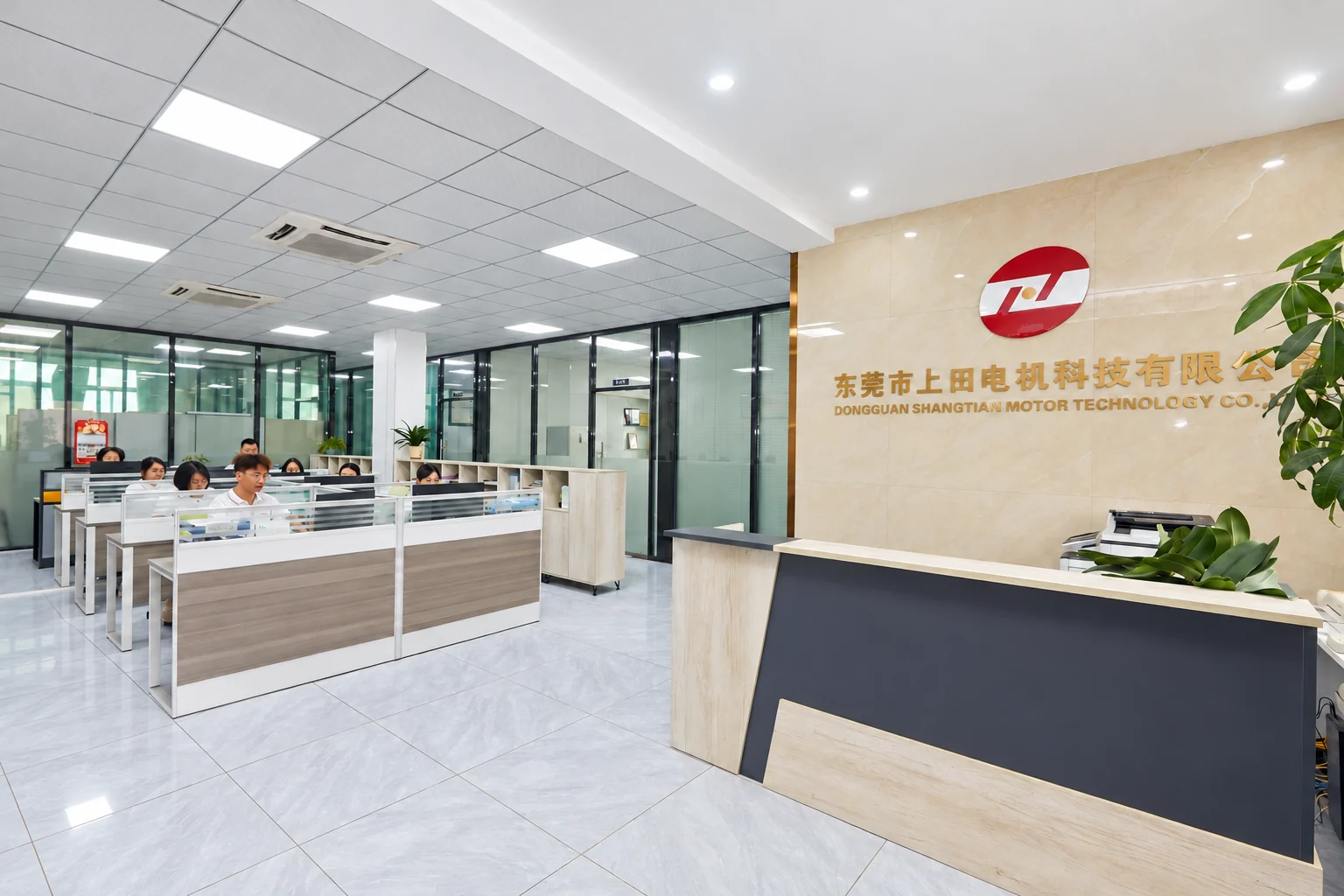 ST MOTOR reception and office, with the company name on the reception wall