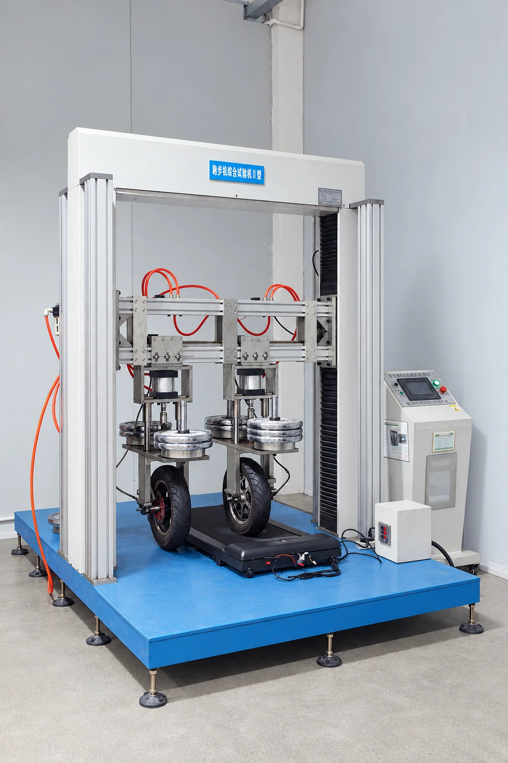 ST MOTOR treadmill endurance test rig with loading wheels and weights applied to the treadmill