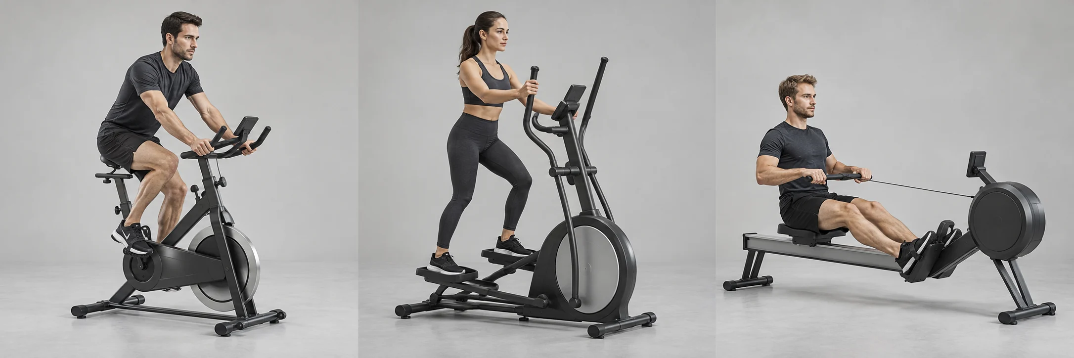 AI concept image of people using an exercise bike, elliptical and rower